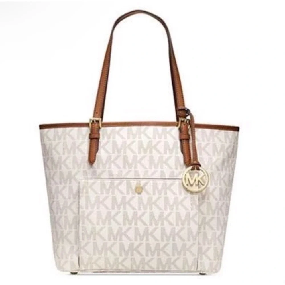 Michael Kors Vanilla MK Signature Logo Jet Set Tote Bag Brown Leather Straps NWT - Picture 1 of 13